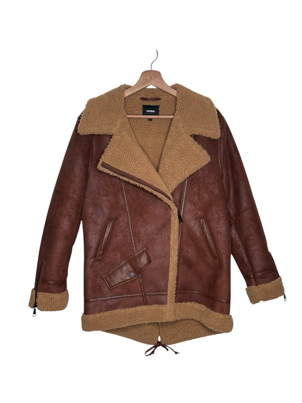 Express Faux Suede Sherpa Teddy Moto Jacket Brown Oversized Women’s Size Small - Picture 10 of 10